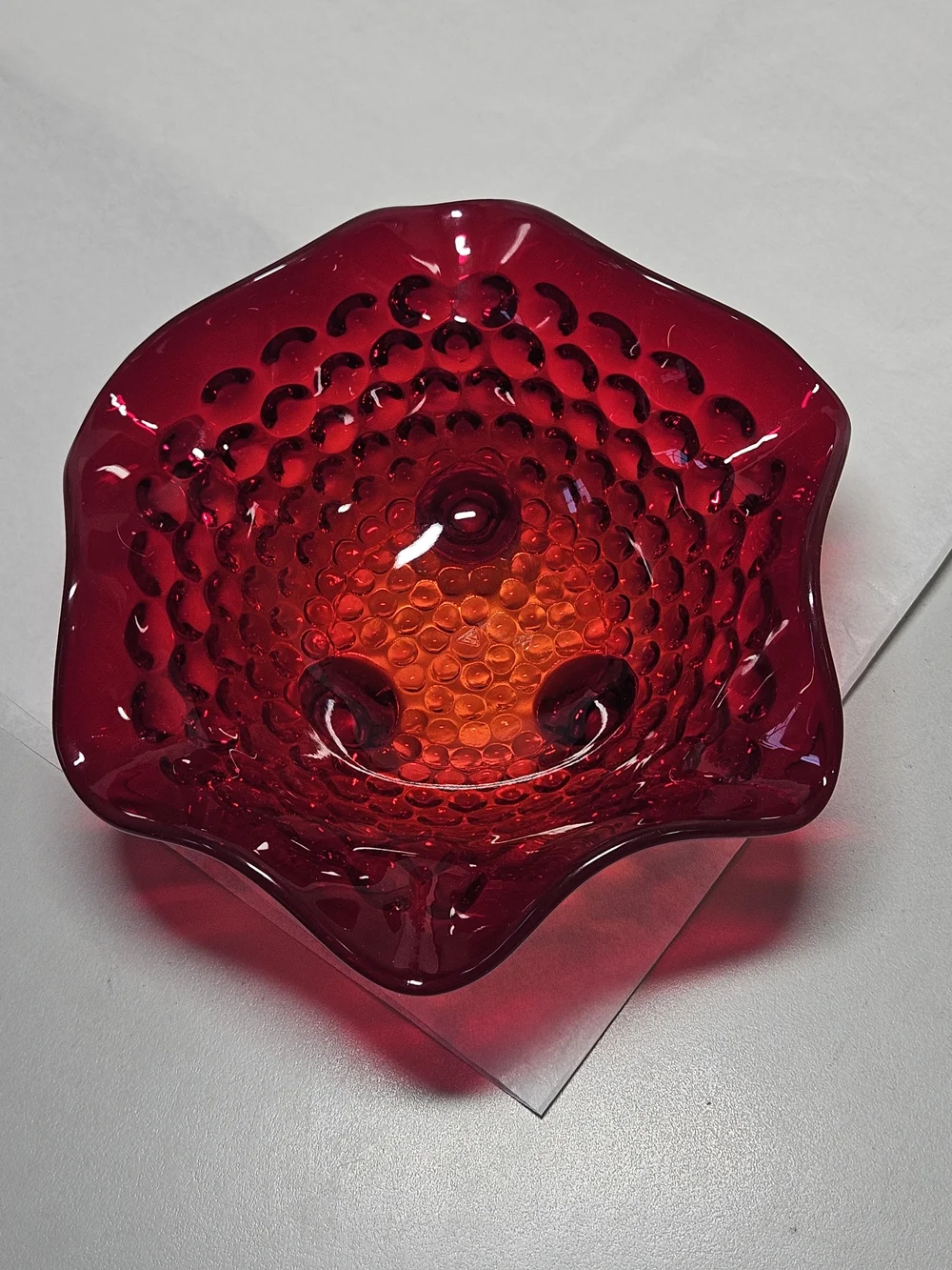 Vintage Viking Art Glass Ruby  Red Hobnail Ruffled Edge  Decorative Bowl Dish